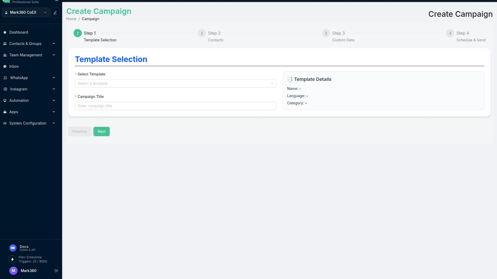 Campaign wizard on the template step in app.mark360.ai