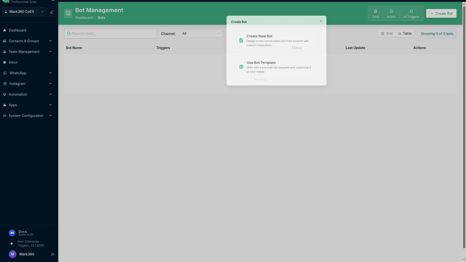 Chat bots list in app.mark360.ai