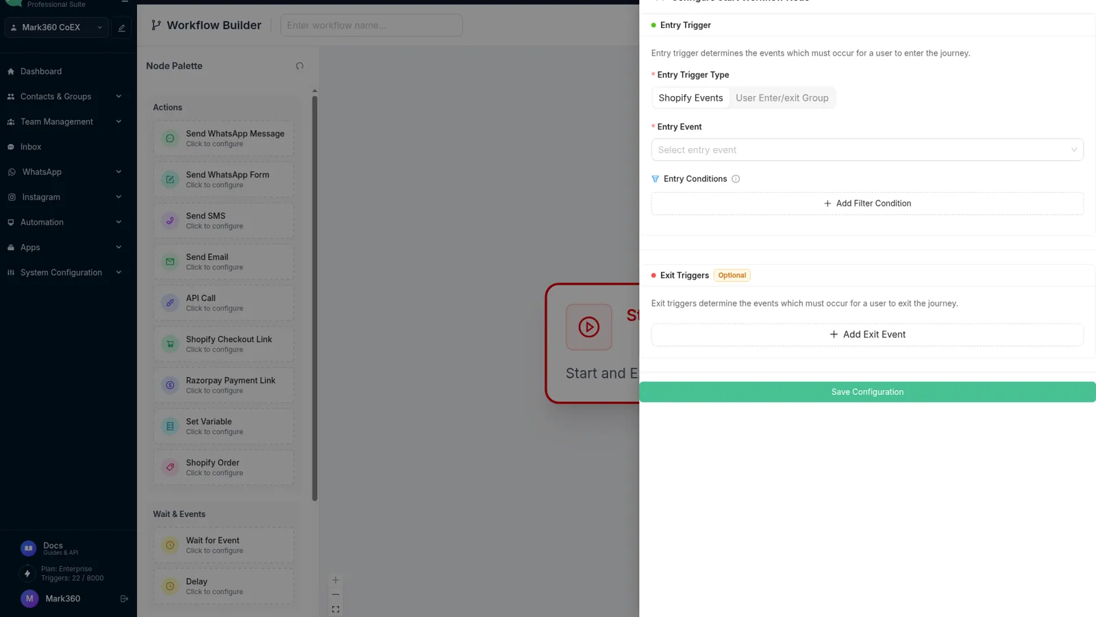 Workflow canvas in app.mark360.ai