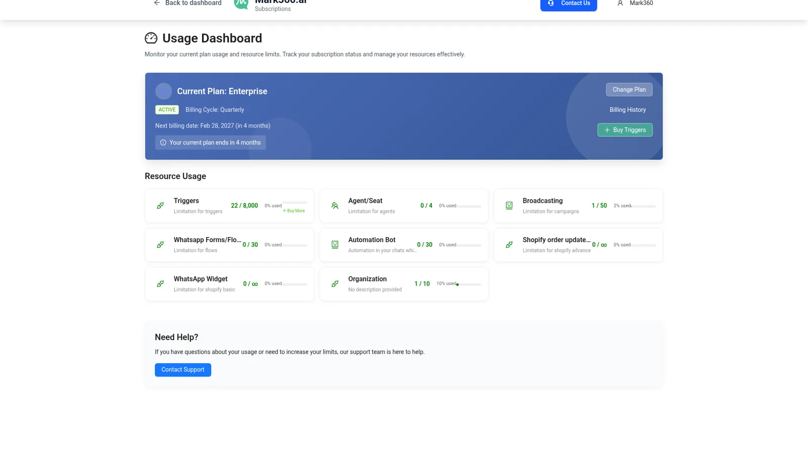 Billing and usage in app.mark360.ai