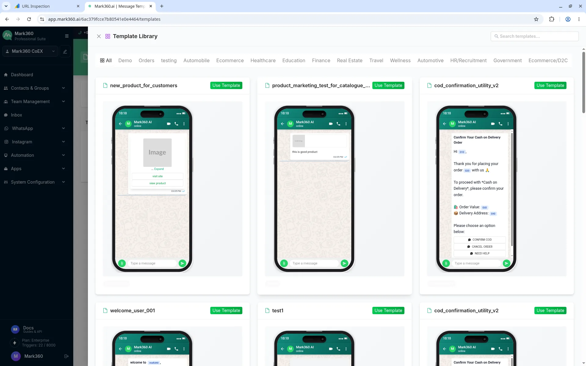 Mark360 WhatsApp template library filtered to approved utility templates, showing order_confirmation, shipping_update, cod_confirmation, and abandoned_cart, with a preview of the order confirmation message and its buttons